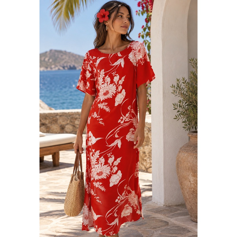 Malihini Hawaii Traditional Maxi Dress Womens Medium Red White Floral Vintage